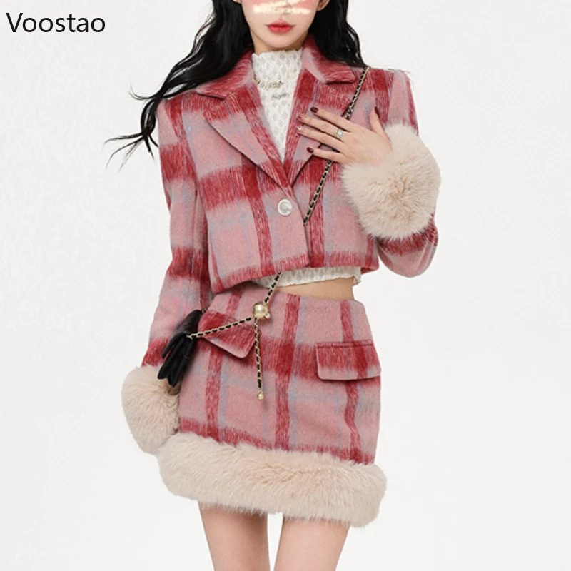 

Autumn Winter Women Skirt Sets Elegant Plaid Long Sleeve Woolen Jackets Casual Mini Skirts Suit Y2K Female Black 2 Pieces Set