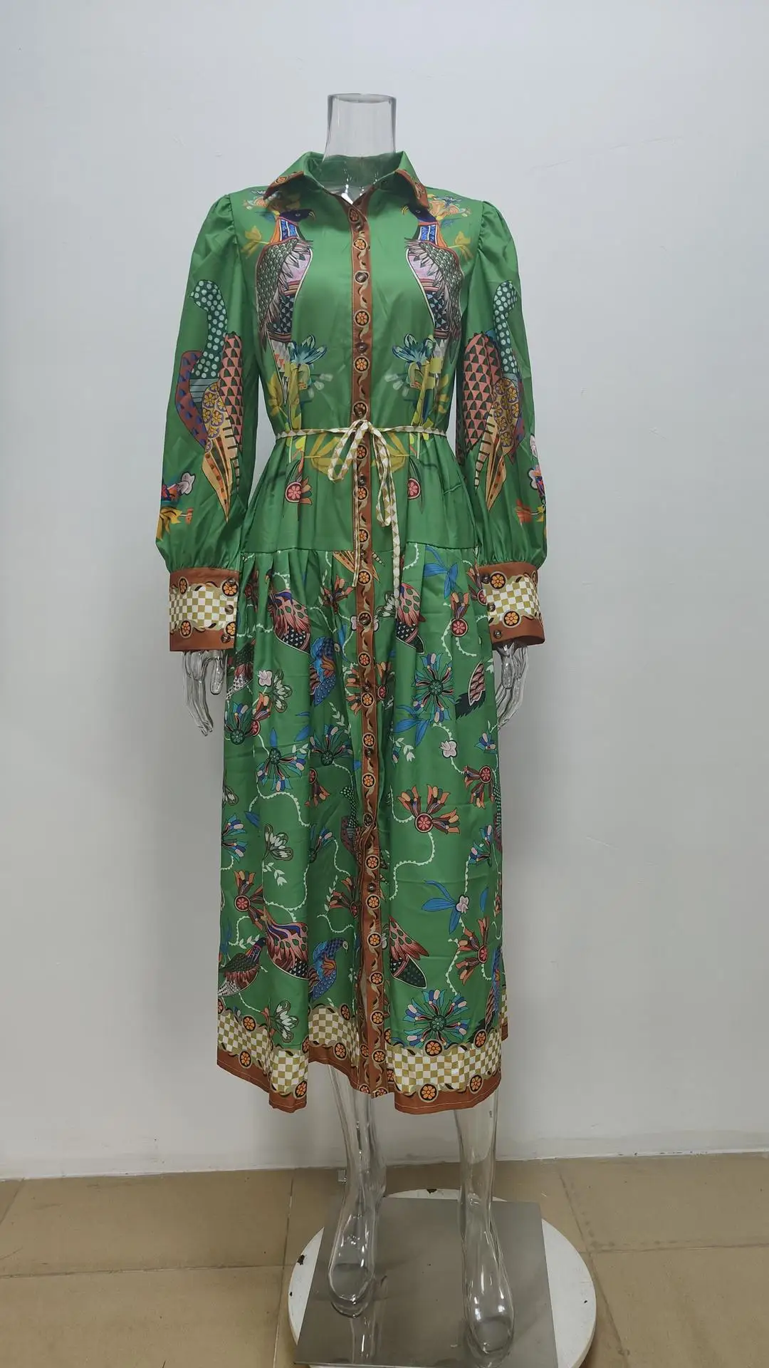 Feminino retro impresso a linha vestido longo elegante lanterna manga lapela camisa plissado vestidos de festa feminino primavera grande bainha vestido 36 S076b63b99c994596accd0aafacdad4a1u