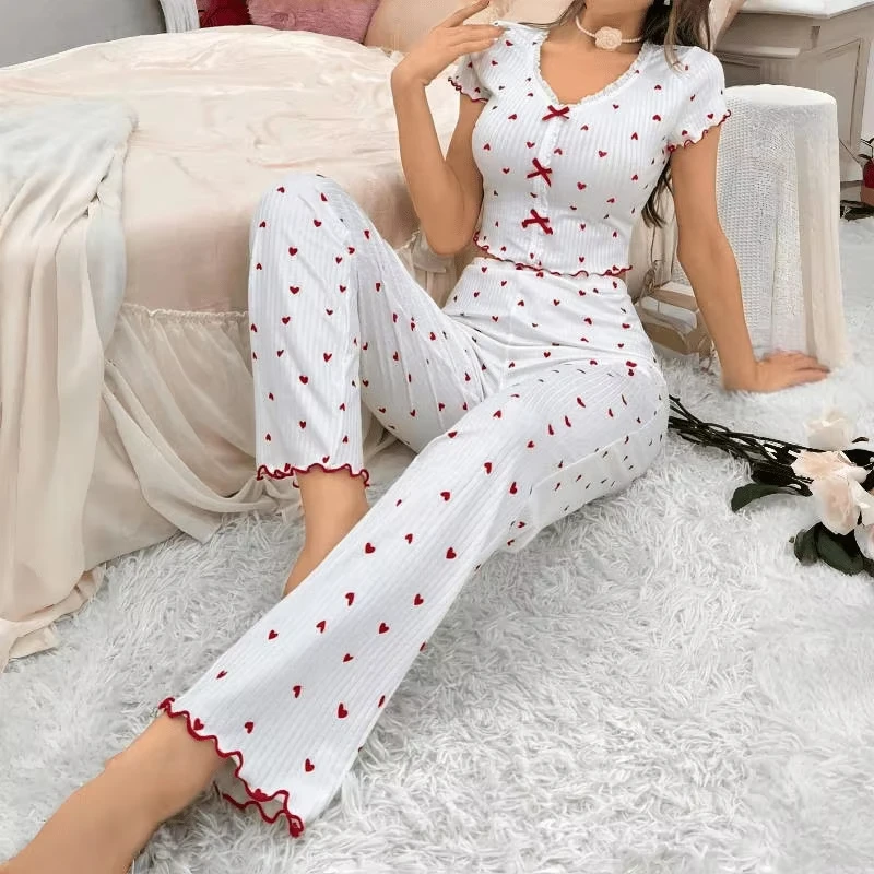 Spring Autumn Coquette Pajama Set Women Sexy Heart Print Ruffle Trim Crop Top Pants 2 Piece Y2K Aesthetic Loungewear Sleepwear