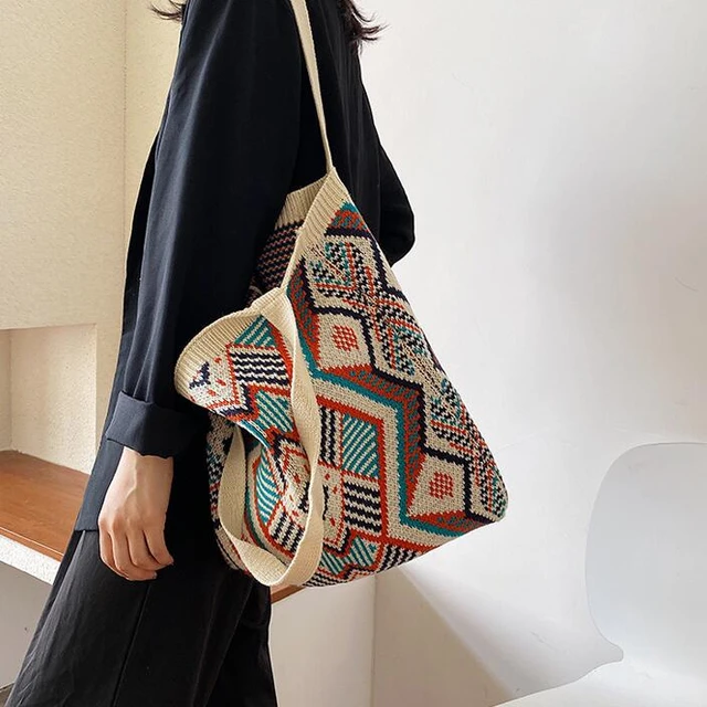 Lady Knitting Gypsy Bohemian Boho Chic Aztec Tote Bag Women Crochet Woolen Shopper Top-handle 2023 Tote Bags Bolsos - AliExpress