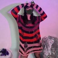 New Purple Striped Gothic Sweaters Women Ripped Holes Loose Knitted Pullover Frayed Fairy Grunge Jumpers Emo Streetwear Lolita 2