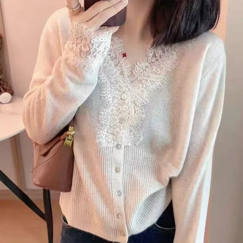 Women Clothing Wool Knit Lace Patchwork Sweaters Autumn Winter New Casual All-match Loose V-neck Pullovers Lady Chic Elegant Top 1