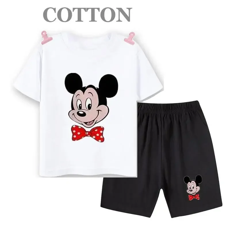 thumbnail image 1 of Conjunto de pantalones cortos de manga corta de verano para niños, camiseta de dibujos animados de Disney Mickey y pantalones, conjunto de 2 piezas, ropa linda para niñas y niños pequeños, 1 of 5