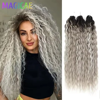 3Pcs 300Grams Crochet Braids Ombre Grey 24Inch Ariel Deep Wate Piano Blond Curly High Temeprature Bio Protein Synthetic Hair 1