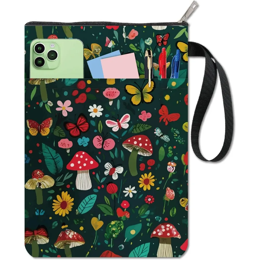 Mushroom Book Covers Flower Book Protector Green Sleeve for Paperbacks Washable Fabric Cloth Cover with Zipper