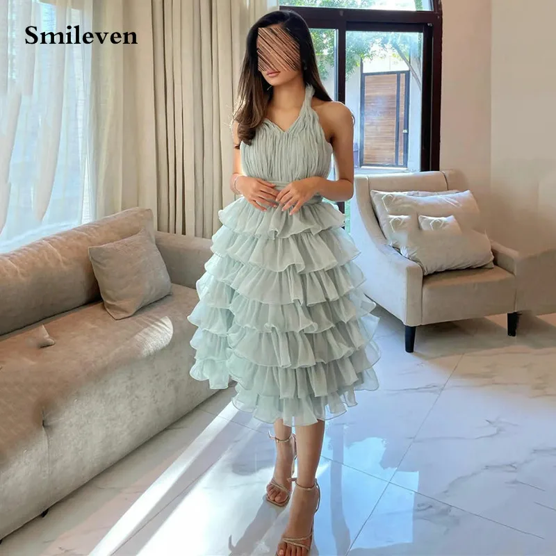 

Smileven Blush Blue Short Prom Dresses A Line Ruffles Tiered Tulle Halter Evening Dress Tea Length Evening Party Gowns