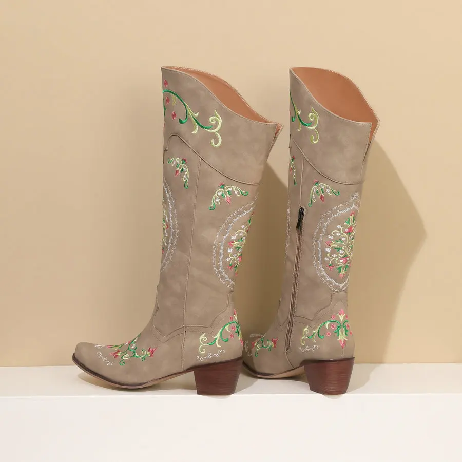 Cowgirls Western Boots Women's Embroidery Cowboy Boots for Wide Calf 2024 Chunky Med Heels Shoes 4 Seasons Zipper PU Footwear