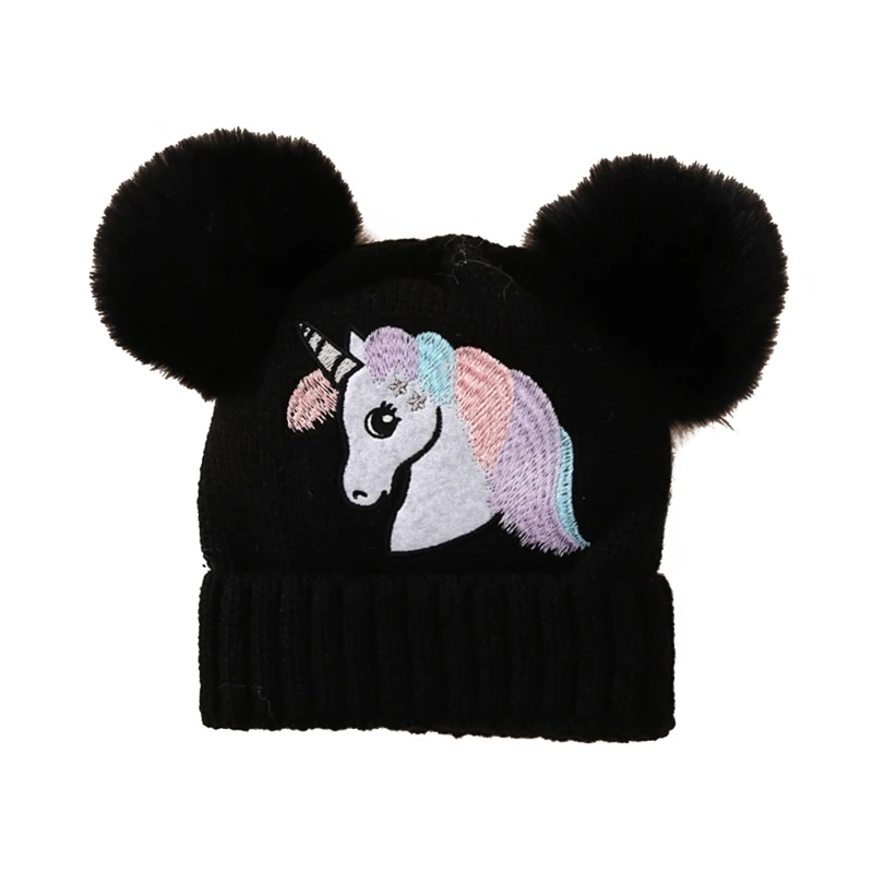 

Winter Warm DoublePompoms Hat Baby Knitted Hat Embroidered Hat for 1-4 Yeas Old 69HE