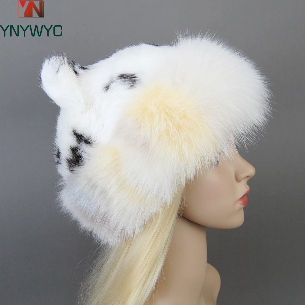 

New Winter Lady Party Fashion Fur Hat Skullies Luxury Knitted Real Genuine Fox Fur Hats Women Beanies Solid Rex Rabbit Fur Caps