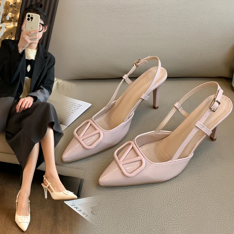 Fashion Solid Thin Heels Sandals for Women New Hot Sale Summer Casual Med Heel Ladies Shoes One-line Buckle Women's Sandals 6