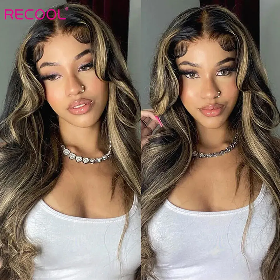 Recool Face-Framing Curtain Bangs Highlight Body Wave Wig Pre Plucked&Bleached 6&times;5 Glueless HD Lace Closure Wig Human Hair