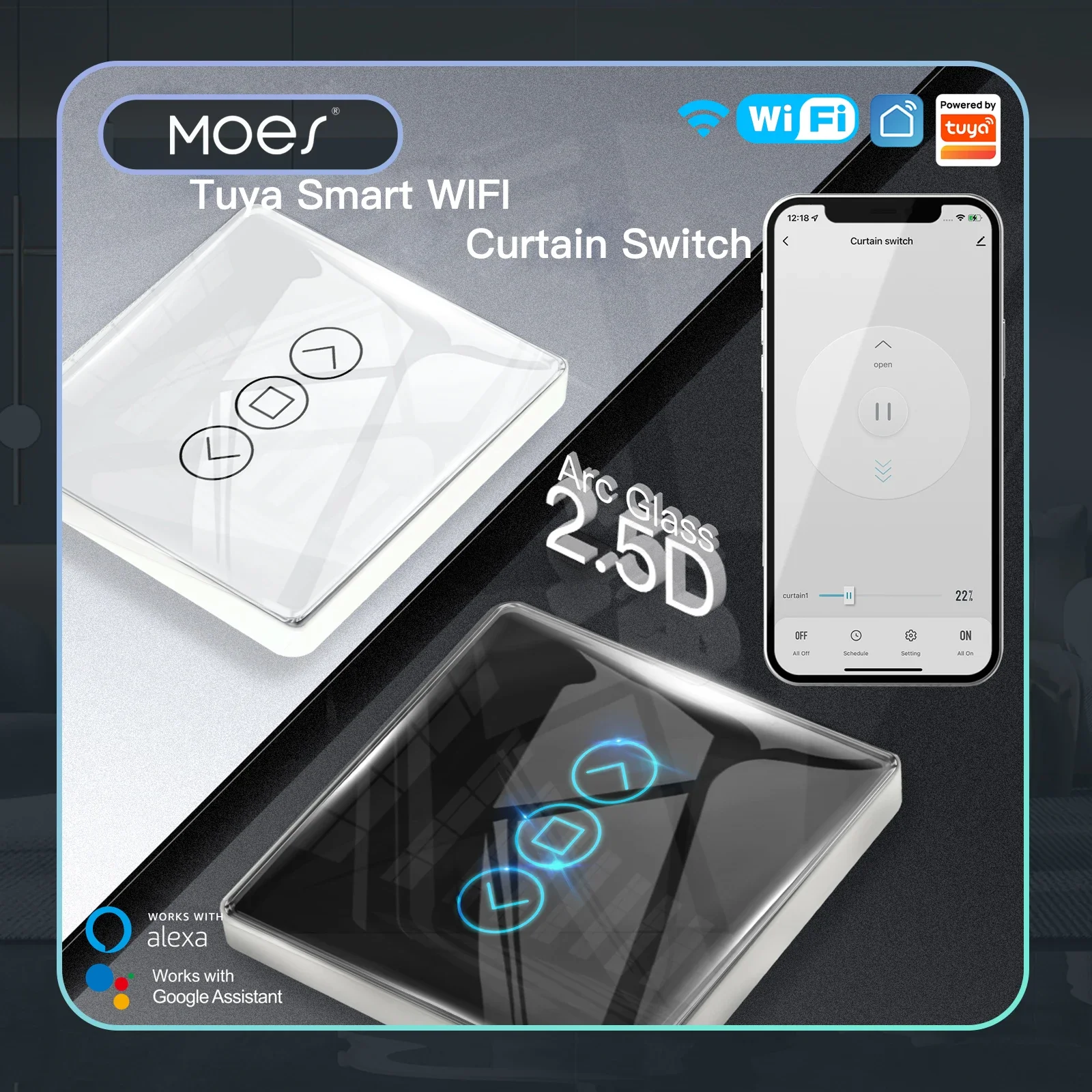 Moes-interruptor de Cortina Toque Inteligente para Persianas Wi-fi Rf433 2.5d Arc Glass Vida Inteligente Tuya App Funciona com Alexa Google Home