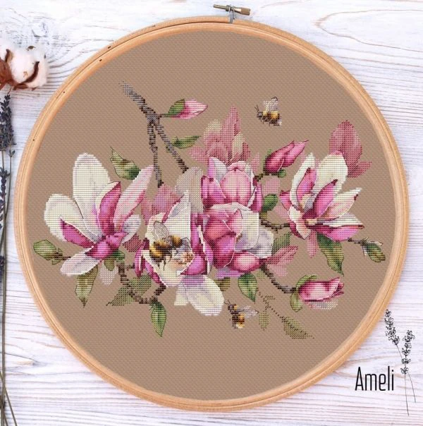 

Bees and Magnolia Flowers 33-41 embroidery kits, cross stitch kits,cotton frabric DIY homefun embroidery Shop10
