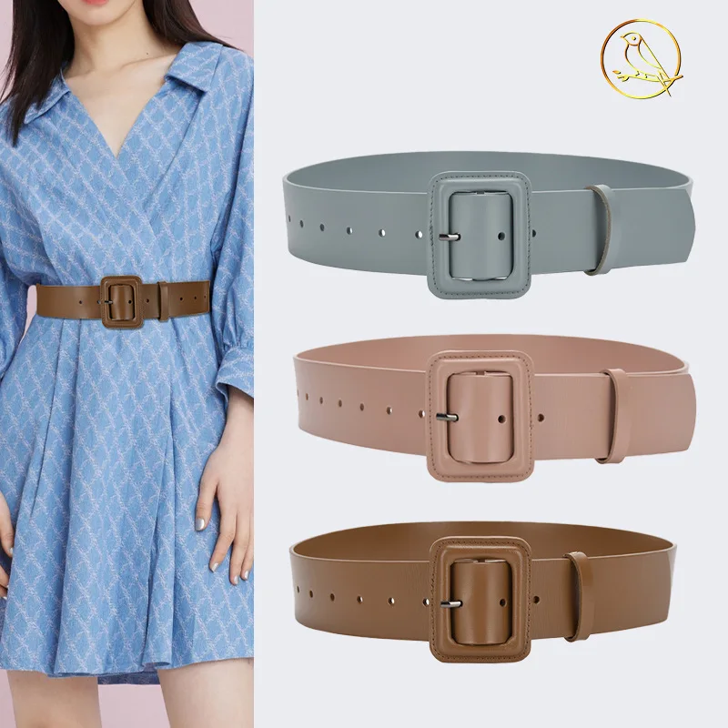 

Fashion Women's Wide Belt Square Buckle PU leather Belts For Woman Decorative Coat Dress Simple Waistband Corset 105cm