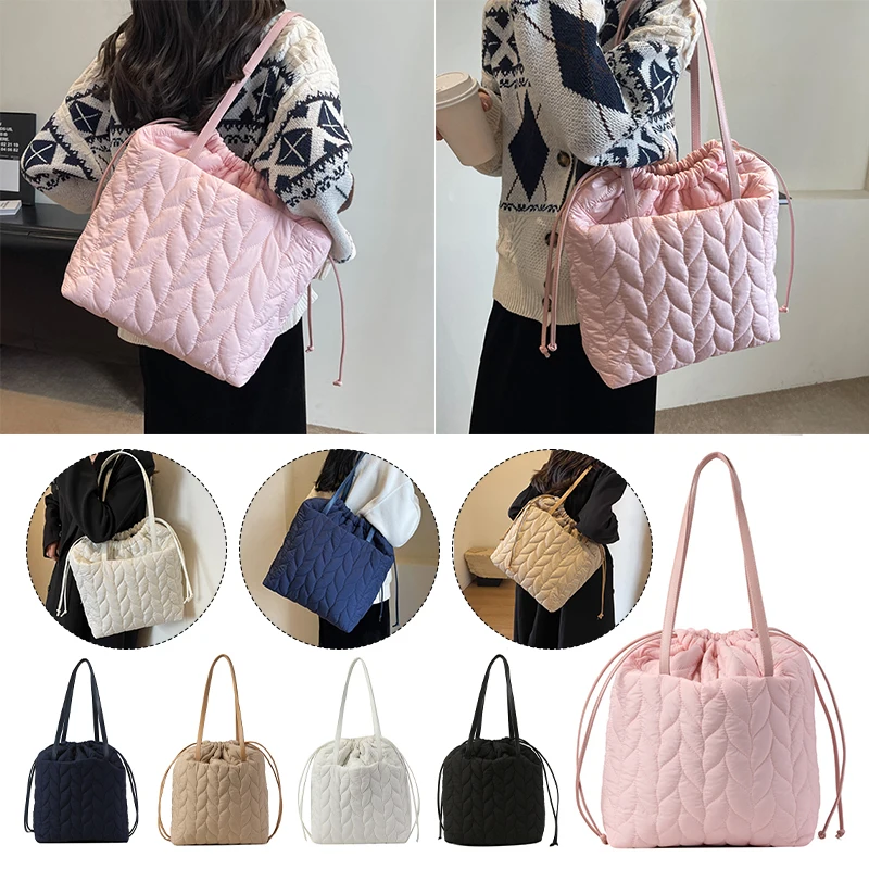 Women Ladies Casual Cotton Padded Shoulder Bag Soft Winter Handbags Tote Bag Stylish Casual Simple Shoulder Bag