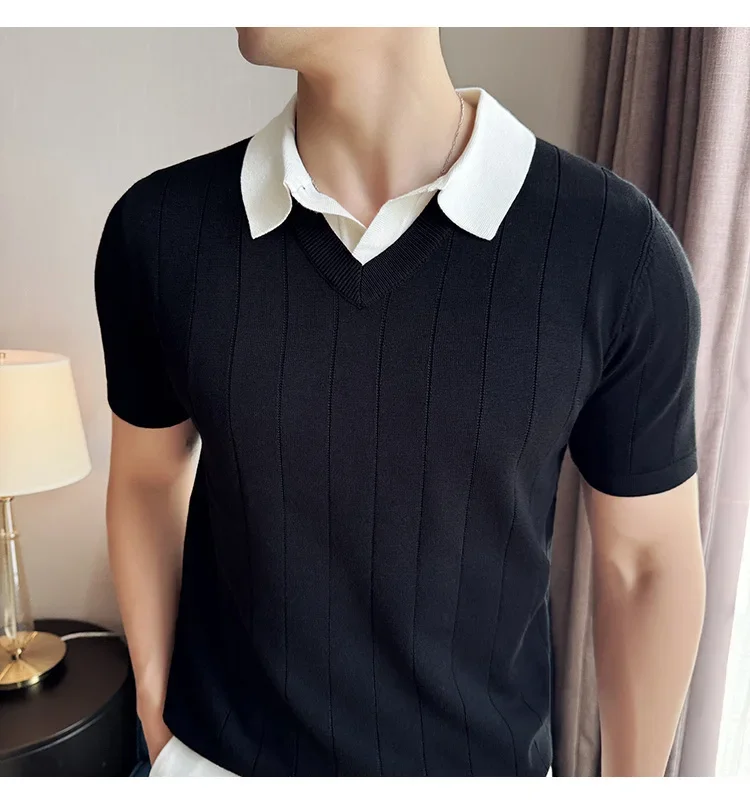 Thin Fashion Striped Lapel Knitted Polo Shirt, Fake Two-Piece Knitted Short-Sleeved T-shirt ~ Yellow Brown T-shirt 39 S076cc4d0a76142e789c9ee362296f988z