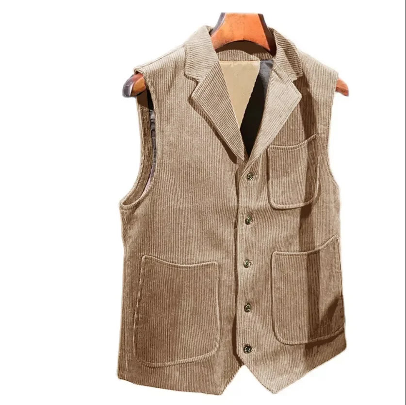 Corduroy Men Vest Cotton Light Brown New Style Notched Lapel Solid Color With Pockets Gilet For Male Clothing жилетка 6