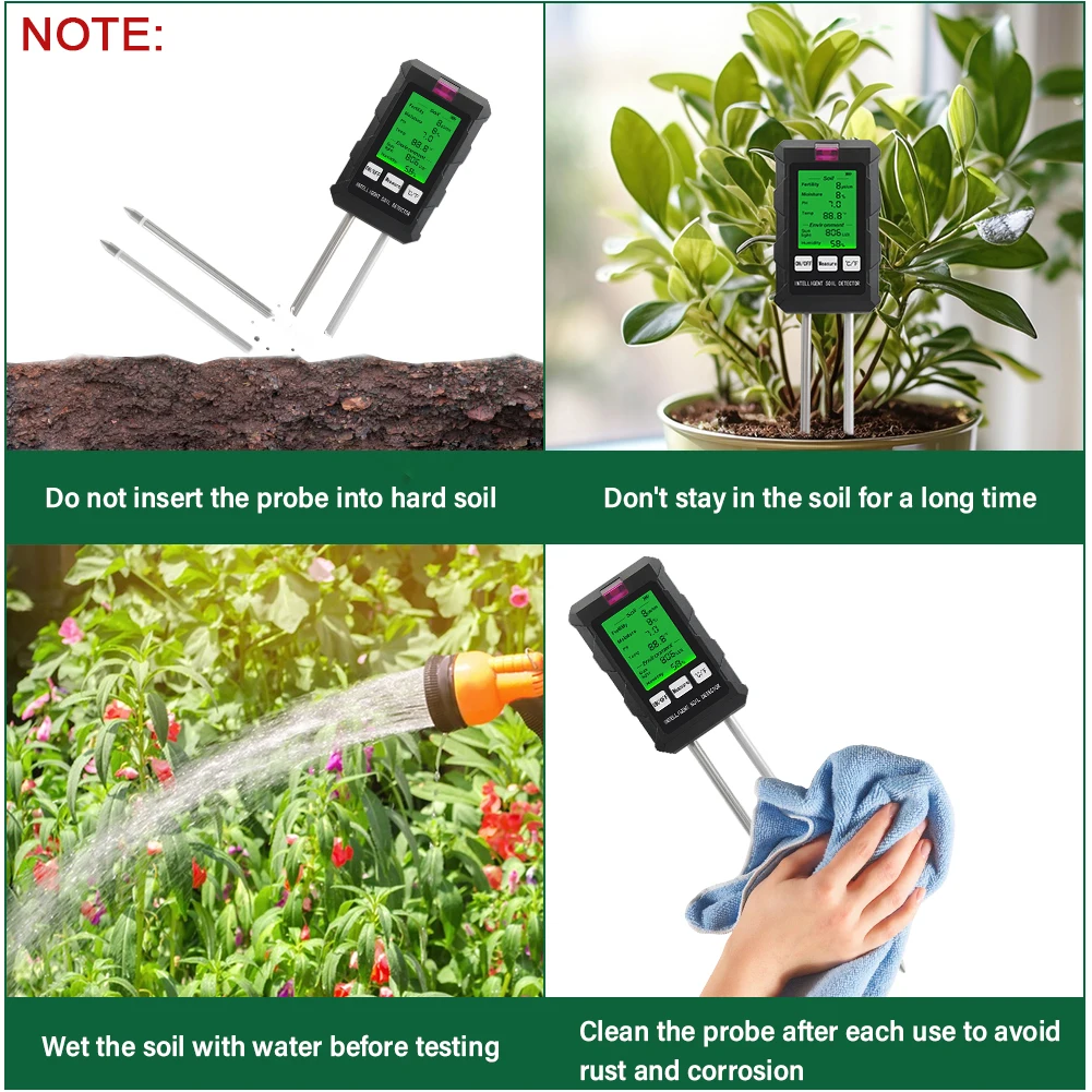 Soil Meter Digital pH Moisture Fertility Light Temp Humidity Analyzer for Garden
