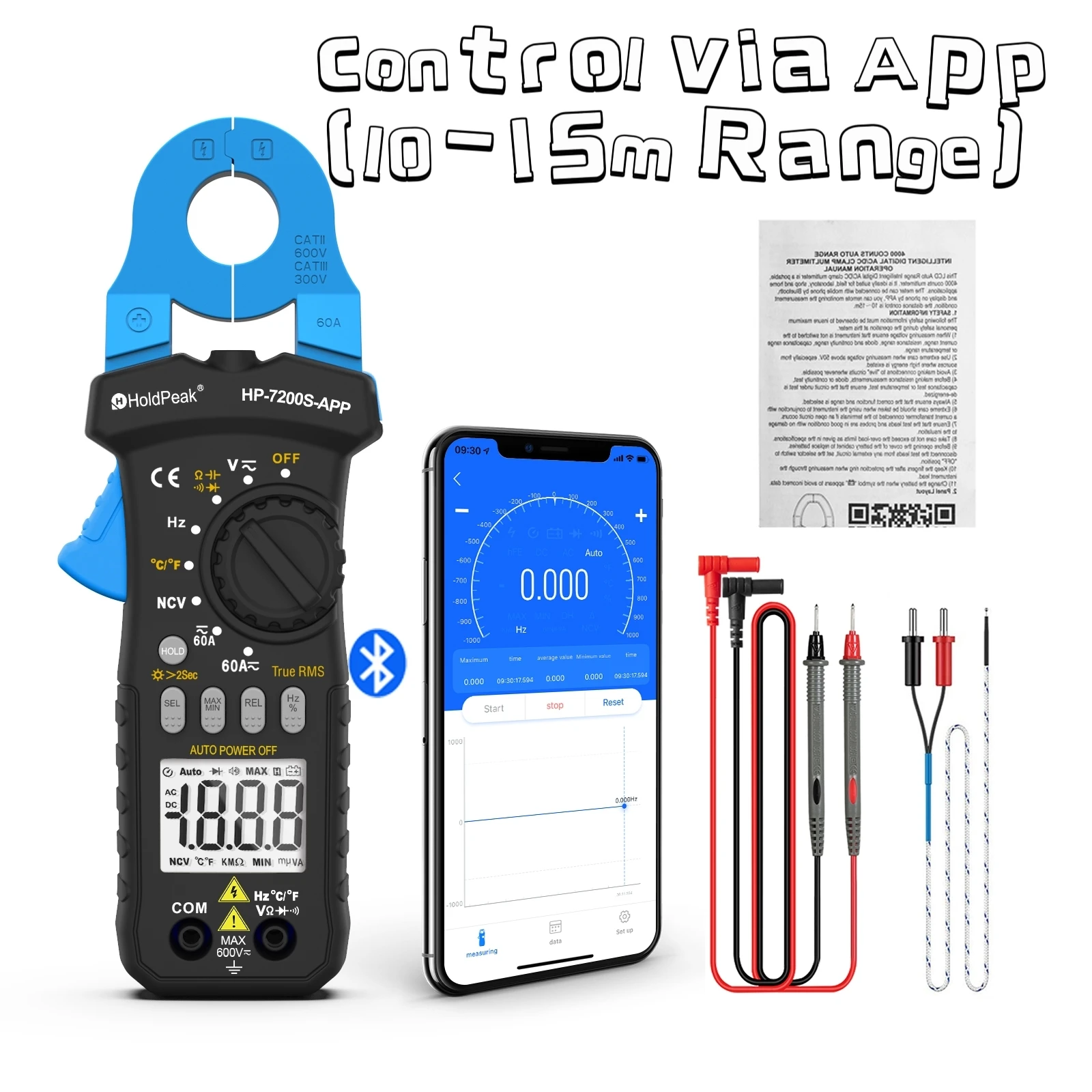 Digital Clamp Meters,Multimeter AC/DC Voltage Current Resistance Capacitance NCV Bluetooth APP CAT III 300V Lightweight
