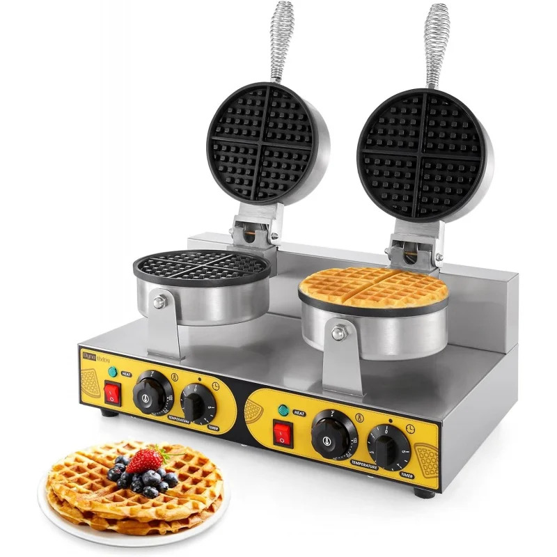 

Dyna-Living Commercial Waffle Maker Double Heads 110V 2400W Non-stick Round Stainless Steel Waffle Iron Machine for Restaurant B