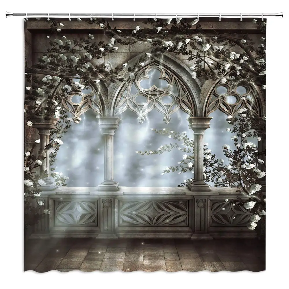 Medieval Shower Curtain,Rustic Wood Shield on Medieval Castle Gate Bath Curtain,Wooden Door Historical Vintage Home Bathroom Set