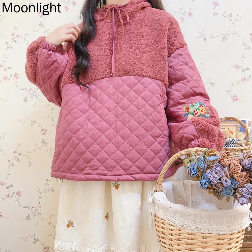 

Mori Girl Pink Lamb Wool Patchwork Hooded Cotton Coats Women Vintage Embroidery Jumper Coat Winter Thickened Female Jacket