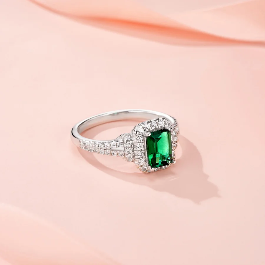 JIUZUAN Emerald Cut 5x7mm Lab Emerald Ring S925 Silver 18K Gold Plated Pavé Moissanite Halo Engagement Jewelry for Women Ring - 3