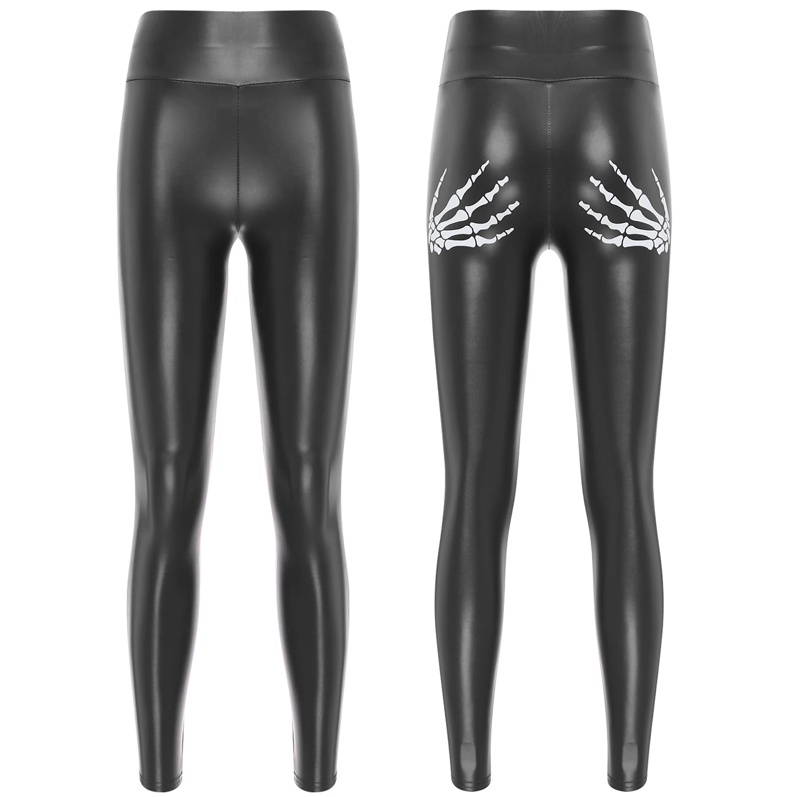 thumbnail image 1 of Pantalones de cintura alta con estampado de mano de esqueleto para mujer, mallas elásticas de piel sintética, ropa para discoteca y discoteca, pantalones de cuero con Control de barriga, 1 of 5