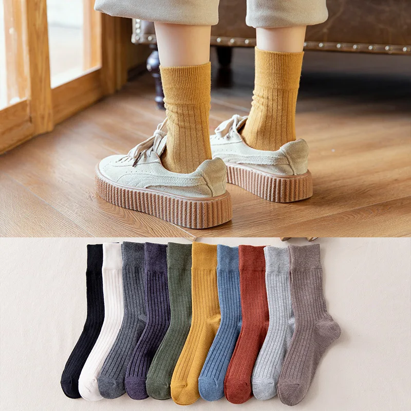 

Japan Knitting Quality Socks Cotton Women High Style Fashion Loose Long Socks Harajuku Solid Color Black White Khaki High Socks