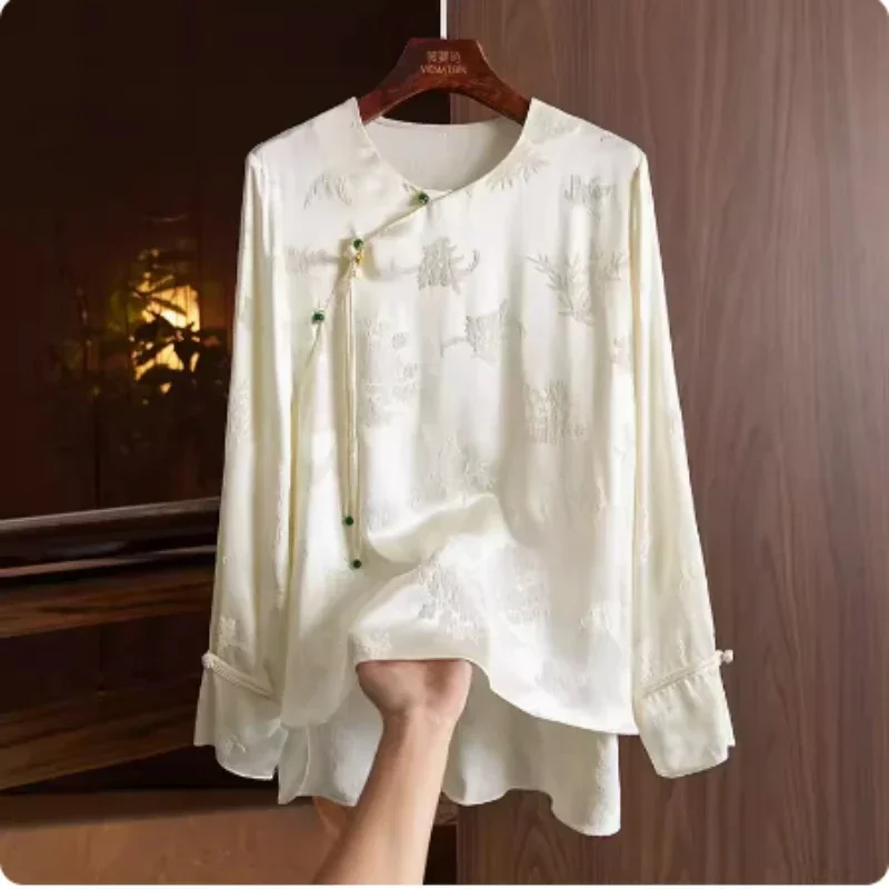 Women's Floral Silk Blouses, Summer Satin Shirt, O-Neck Clothing, Loose Fashion, Long Sleeve Women Tops, New 2024 Korean