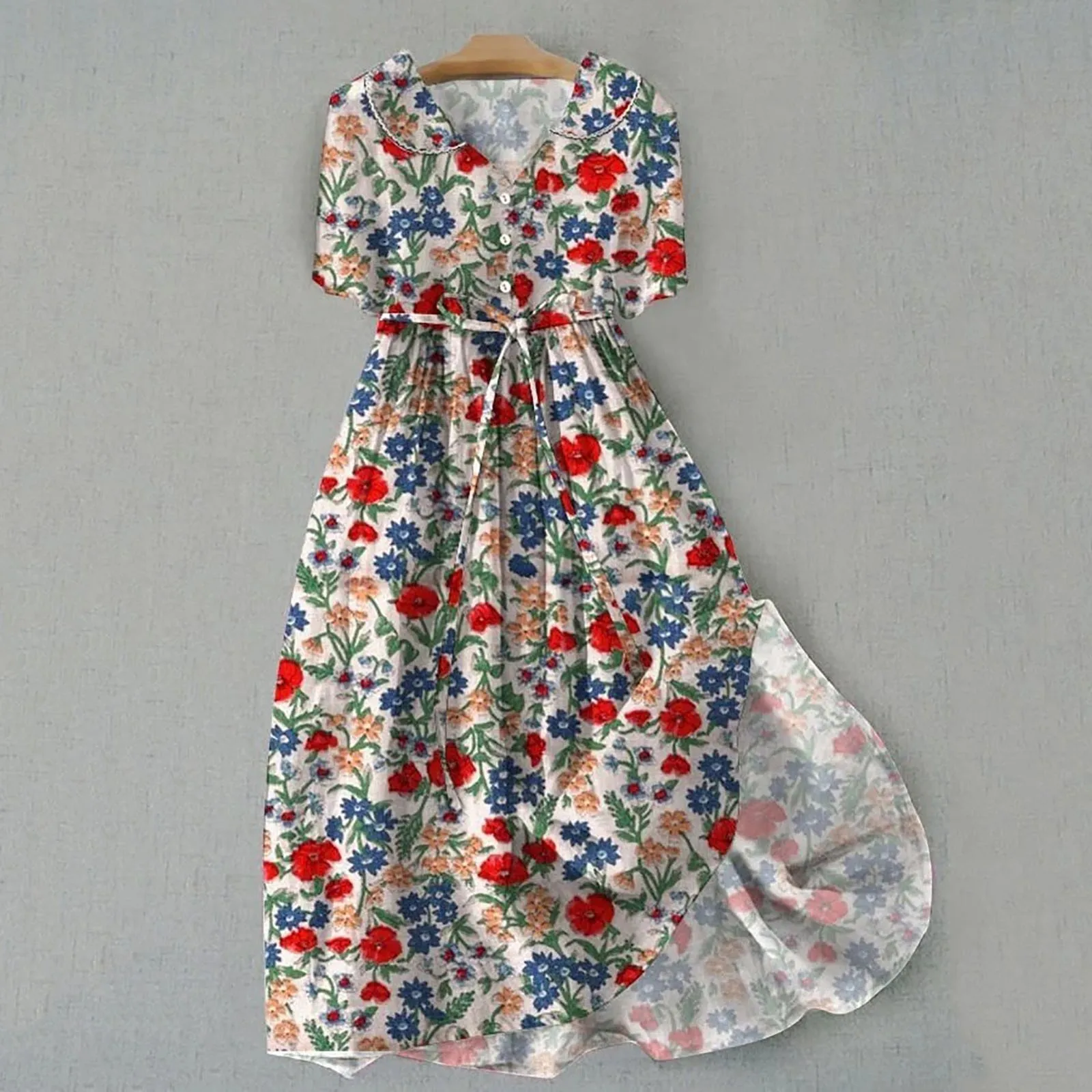 

Women's Floral Print Summer Dress Mid Sleeve Lapel V NeckTie High Waist A Line Semi Single Breasted Bohemian Dress