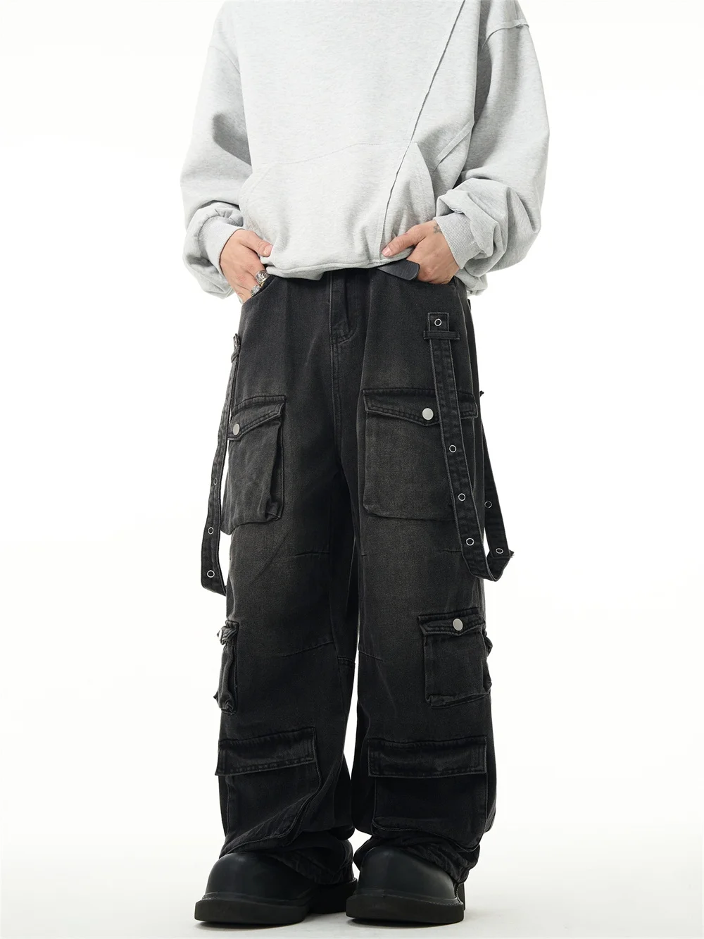 PEOPLESTYLE マルチポケット デニム カーゴパンツ ブラック y2k PEOPLESTYLE ワイド デニムパンツ カーゴパンツ マルチポケット