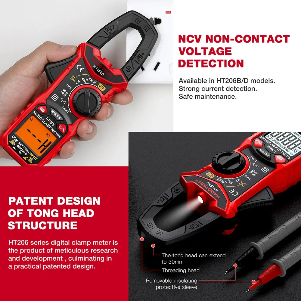 Digital Multimeter HABOTEST HT206 Clamp Meter 600A Current Pliers Ammeter Voltmeter Hz Ohm Capacitance Electrical Tester
