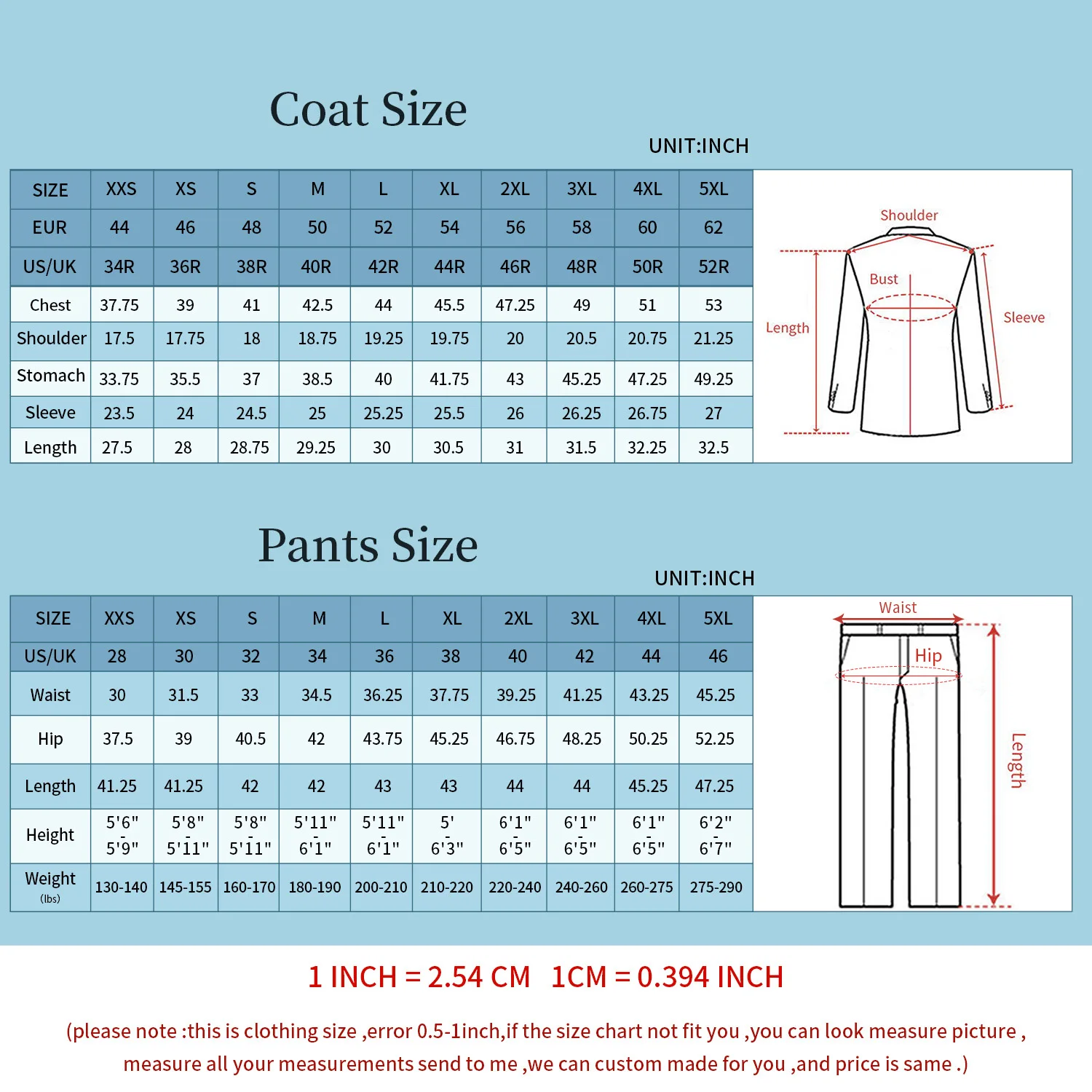 clothing male suit sizes