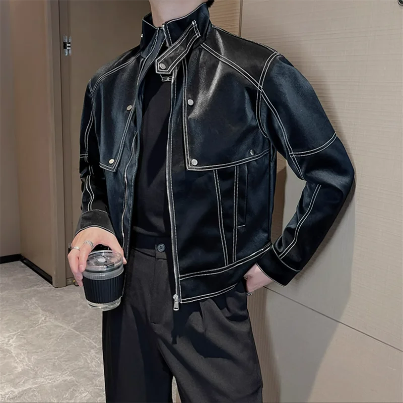 

Мужская кожаная куртка, темно-синяя короткая мотоциклетная куртка, повседневная верхняя одежда, осень-зима 2023