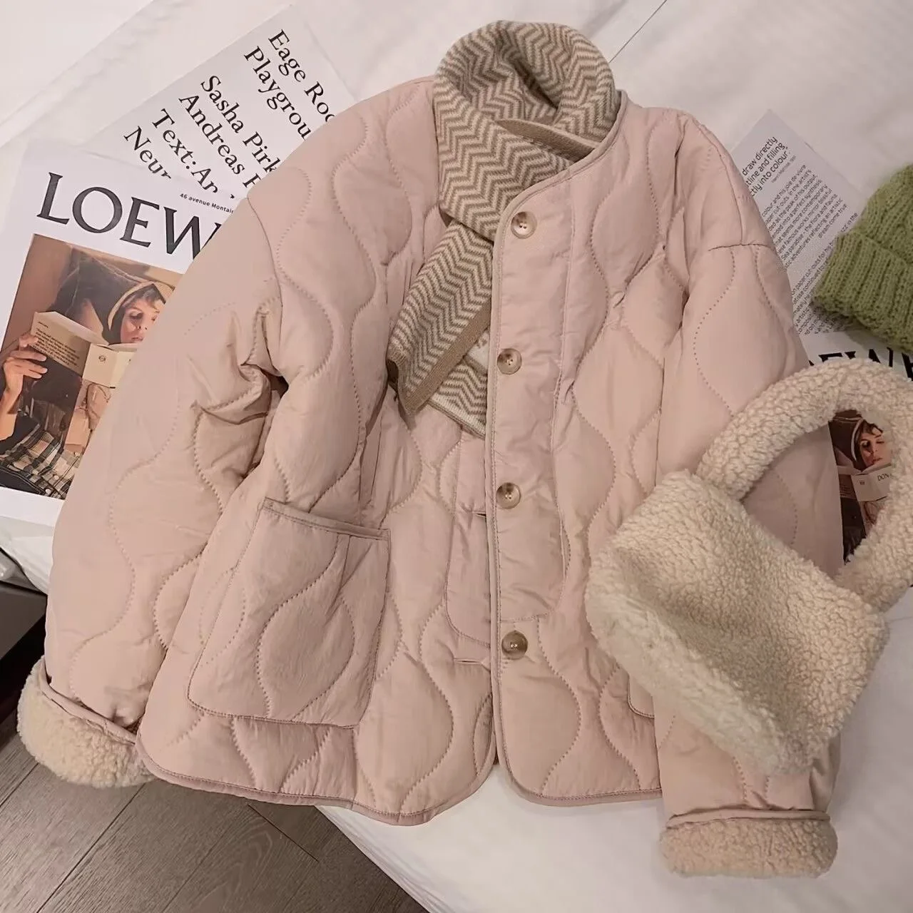 Pink Diamond Pattern Lamb Fur Cotton Jacket Women's Autumn Winter Thickened Warm Fleece Lined Outerwear Korean Style Loose Fit