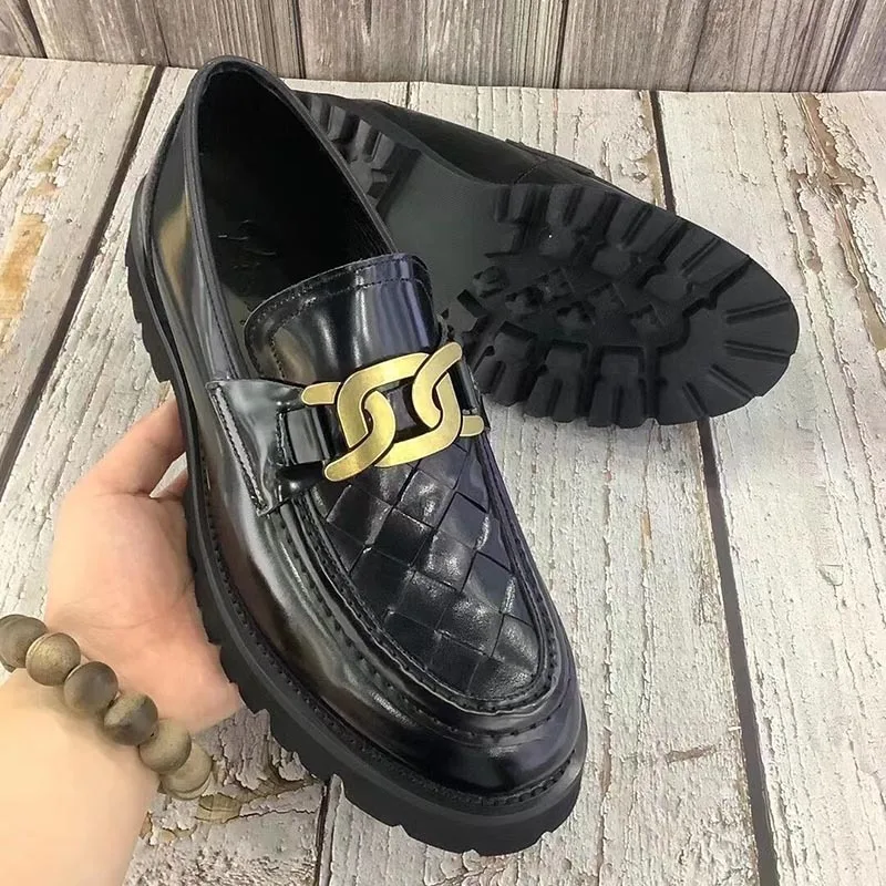 

Summer New Handwoven Cowhide Business Casual Leather Shoes for Men's Black Breathable Thick Sole Lazy Shoes Trend