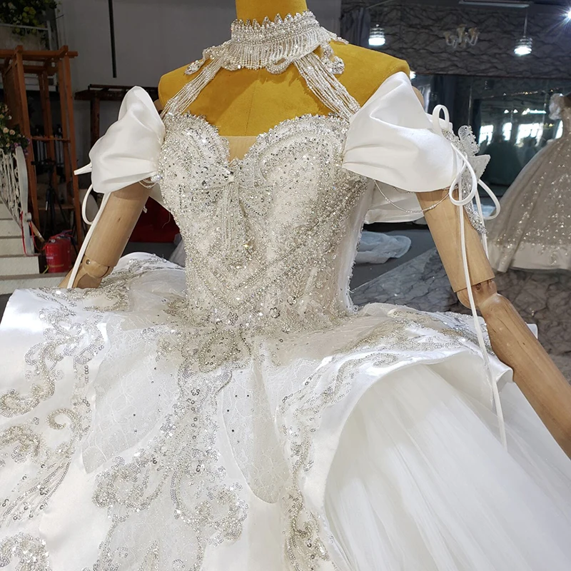 HTL2323 Beading High-Neck Ceremony Dresses For Weddings Long Floor-Length Dresses Bow Sequined Dress Women Elegant vestidos 5