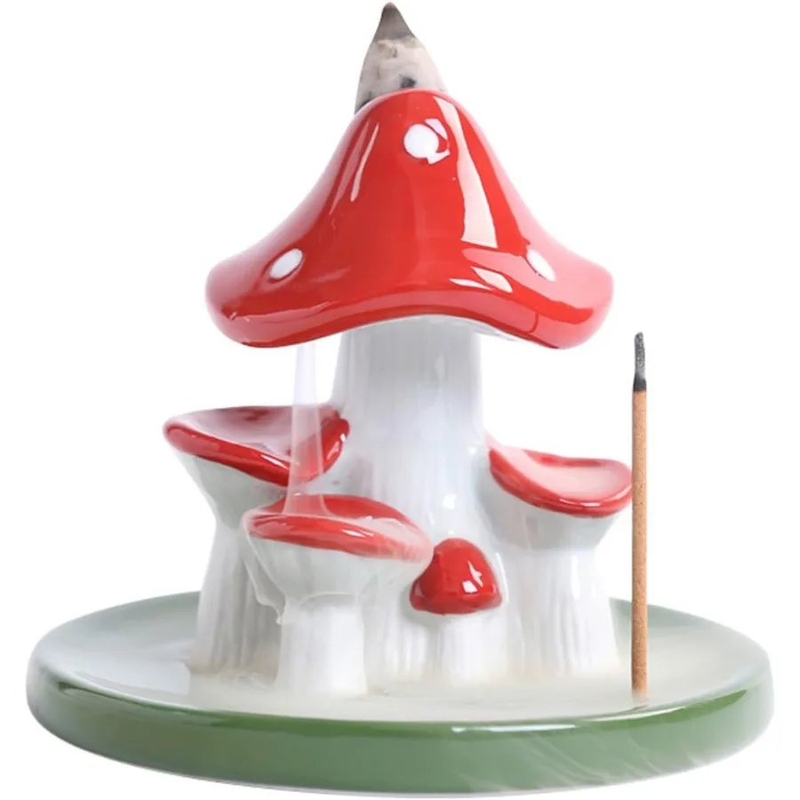 

Mushroom Reflux Incense, Ceramics Waterfall Burner Holder Cute Plant Backflow Incense Burner Home Office Decoration,1Pcs
