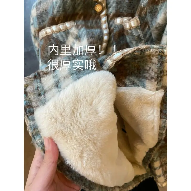 Korea Plus Velvet Cropped Jacket Women Slim Vintage Plaid Woolen Coat Autumn Winter Long Sleeve Casual Outwear Ladies Office