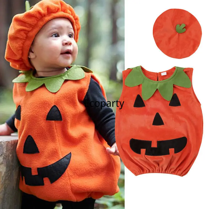 

0-3Y Newly Cosplay Halloween Toddler Baby Kid Pumpkin Print Sleeveless Romper Jumpsuits Tops+Hats Baby Clothes 2PCS Costumes