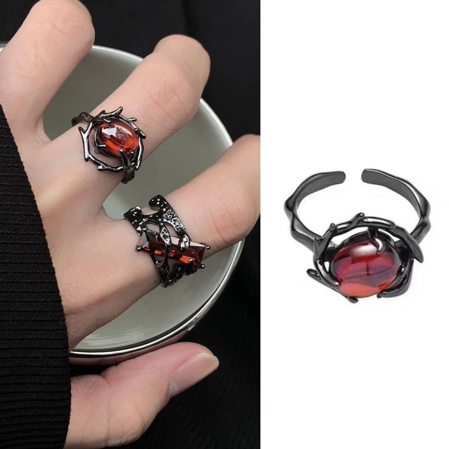 Bijoux vintage de style rétro punk rubis de style mode 2025, bague en cristal noir, pendentif géométrique, doigt ouvert, 1 pièce._voghion.com