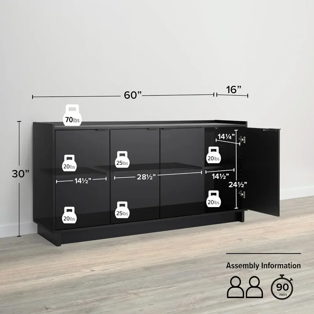 60" W X 30" H X 16" D Cupboard for Kitchen Furniture Sideboard Storage Cabinet Simply Modern 4 Console Table Doors and Shelves