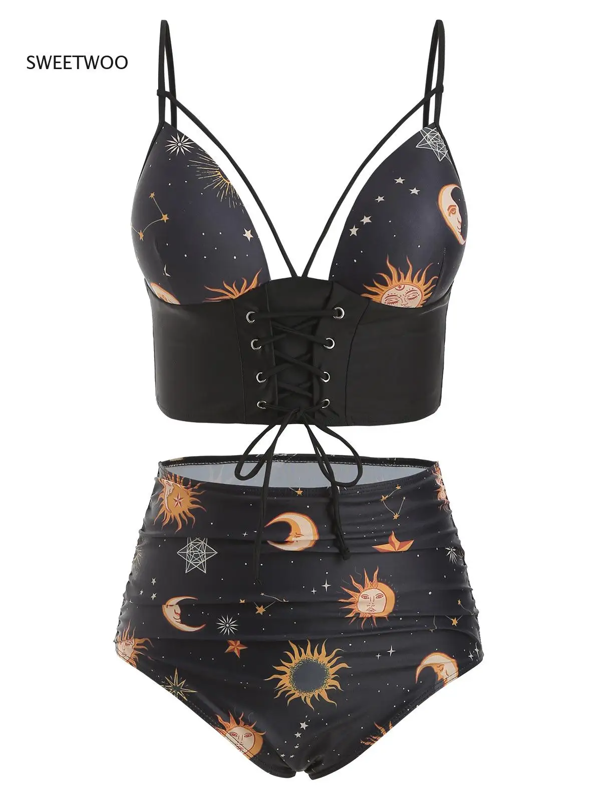 

Lace Up Women Sun Stars Moon Printing Swimsuit High Waisted Causal Summer Beach Set Two Pieces Female Girls Swimwear bikini