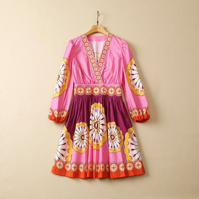 

European and American women's clothes 2023 summer new v-neck Long-sleeved floral print Fashion Pleated Cotton Dress