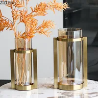 Golden Bracket Amber Color Glass Vase Desk Decoration Artificial Flower Flowers Arrangement Floral Vases Room Aesthetic Decor 1