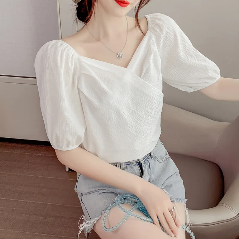 

Sandro Rivers New Solid Color Chiffon Shirt for Women's Summer Design V-neck Bubble Short Sleeved T-shirt French Collarbone Top