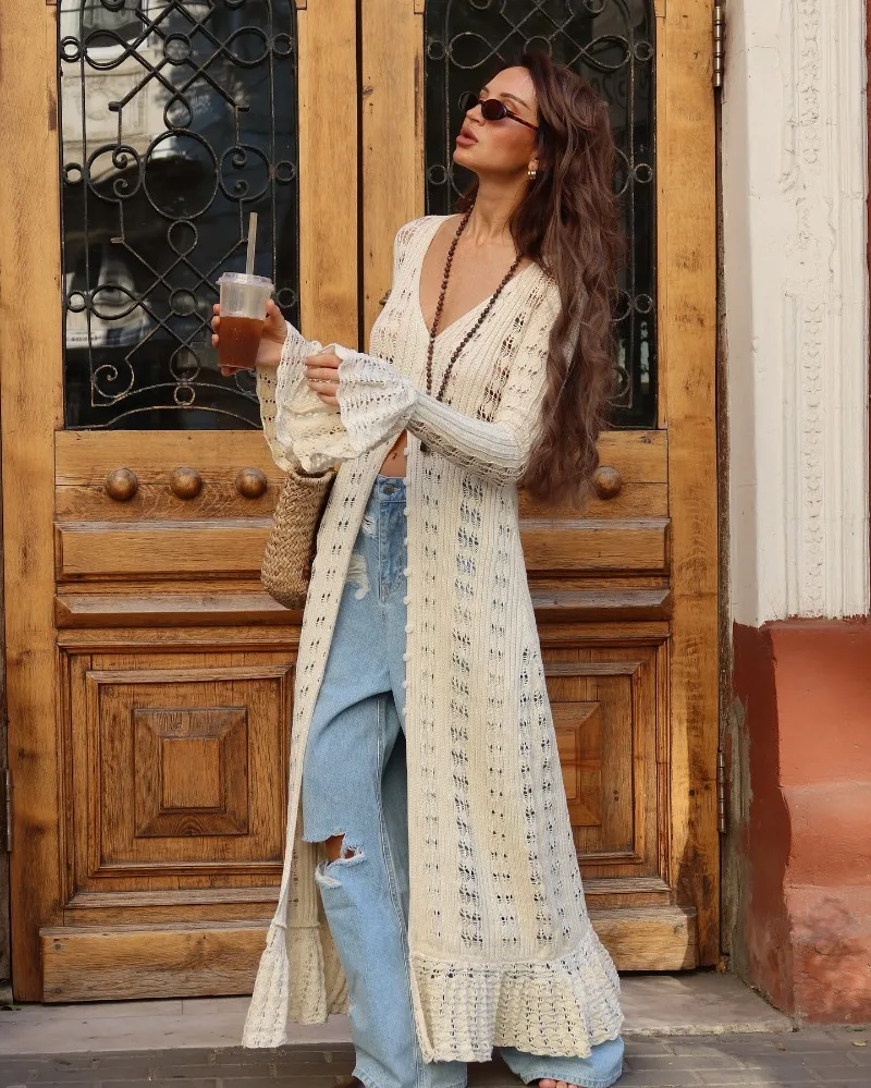 Deep V Neck Long Cardigan Dress - Elegant Hollow Knit Cover Up for Women