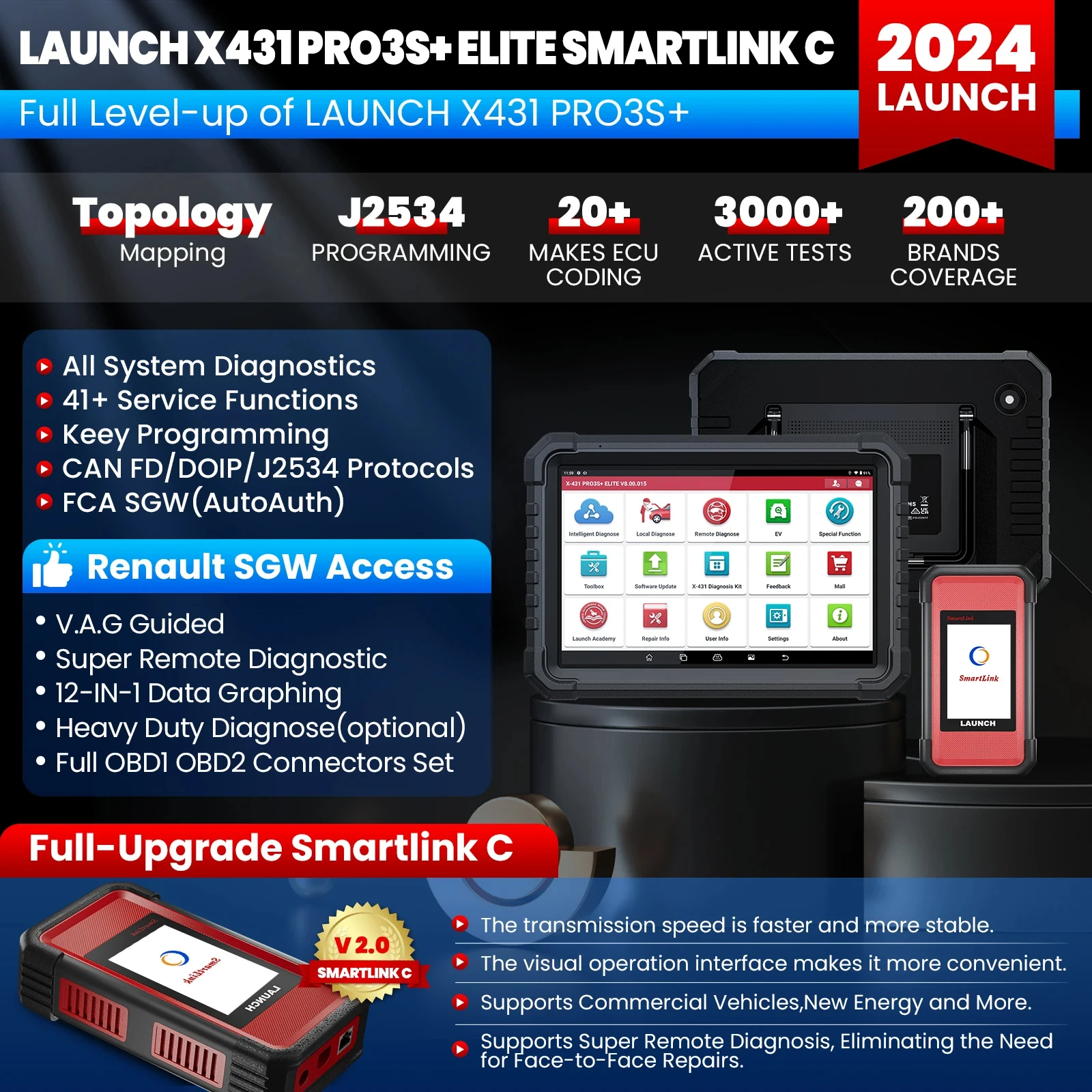 NEW Launch X431 PRO3S+ Elite Car Diagnostic Tools J2534 Programming Auto OBD2 Scanner Diagnosis Tool with WORK SmartLink C