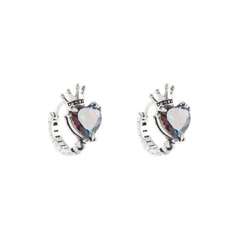 Rainbow Zircon Love Heart Stone Crown Hoop Earrings For Women Vintage Silver Color Small Ear Buckle Wedding Jewelry Party Gifts
